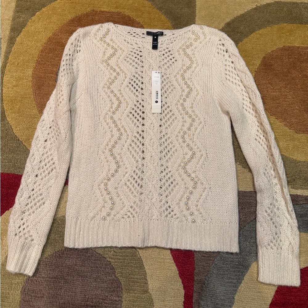 NWT Aqua Bloomingdales Ivory Cream Cable Knit Sweater Pearls Women’s Size Medium